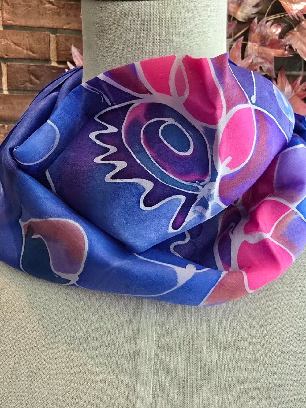 Vintage Hand‑Painted Silk Scarf - Abstract Floral in Blue, Purple & Pinks - Picture 2 of 6
